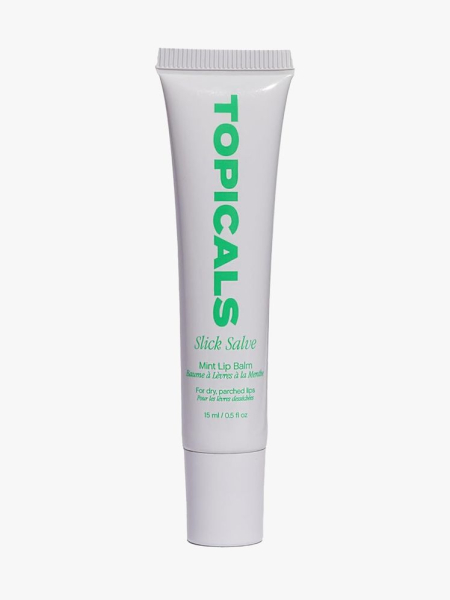 Topicals Slick Salve Mint Glossy Lip Balm in branded tube component on a light gray background